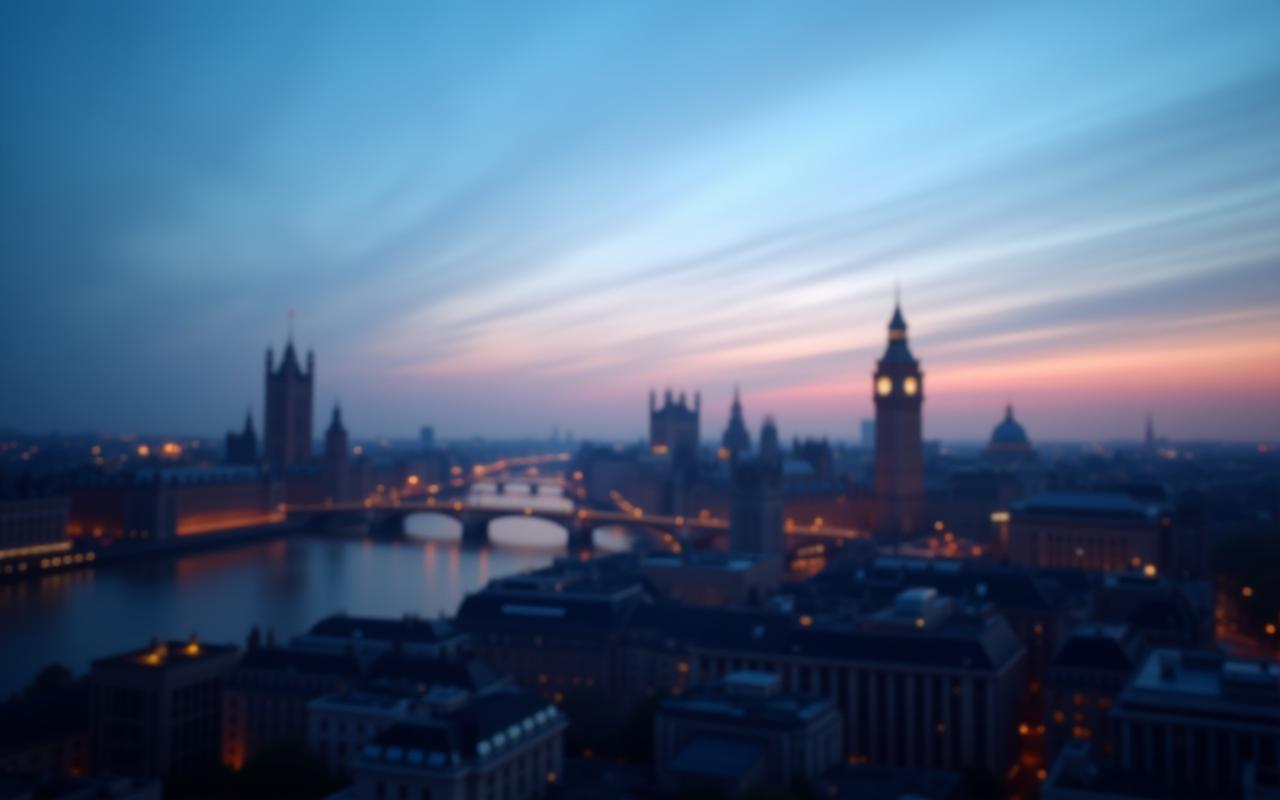 Twilight view of London skyline with Albion Creative Collective overlay